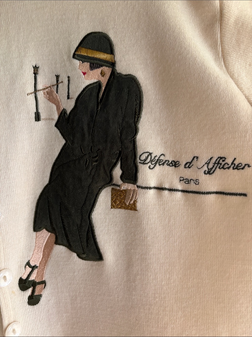 Cream Embroidered Parisian Motif Cardigan with Black Appliqué